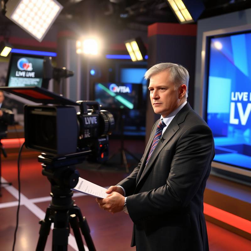Image of a journalist broadcasting live on television.