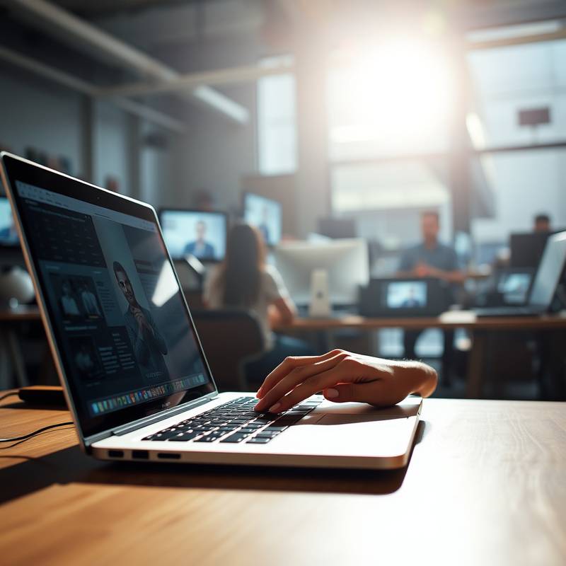 Image of a person typing on a laptop in a newsroom setting.