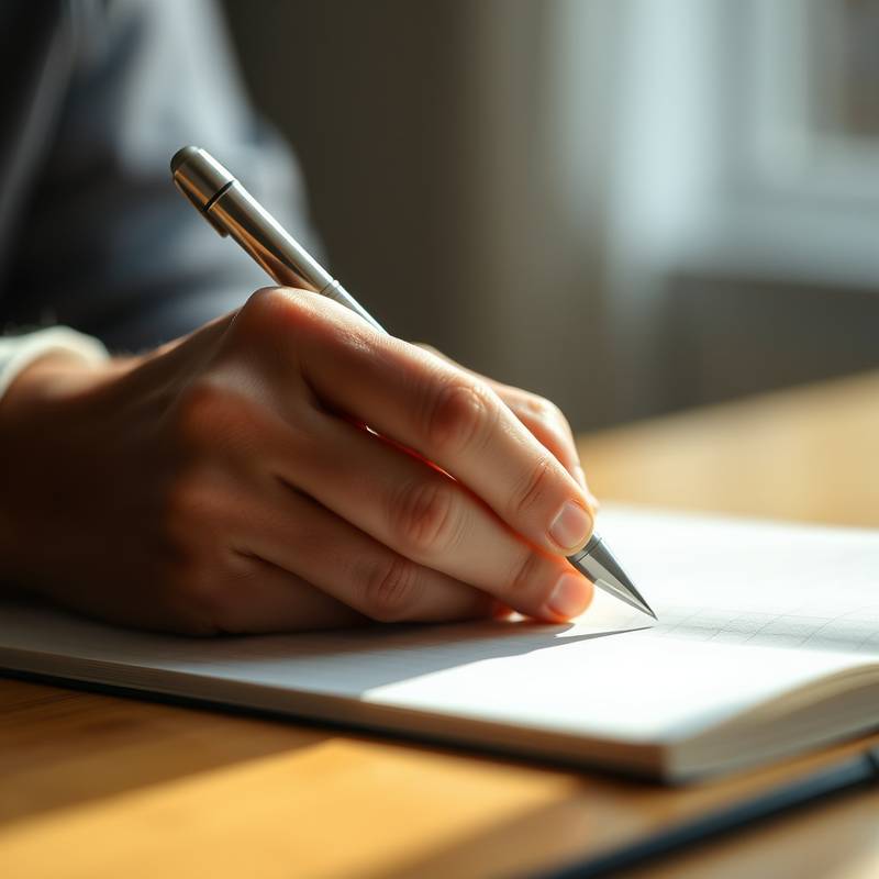 Image of a person writing in a notebook with a pen.