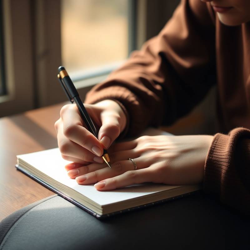 Image of a person writing in a notebook with a pen.